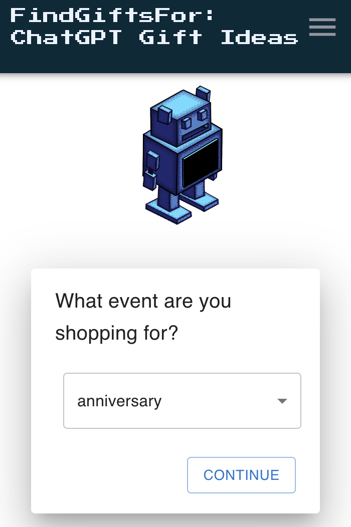 Gift search website with robot